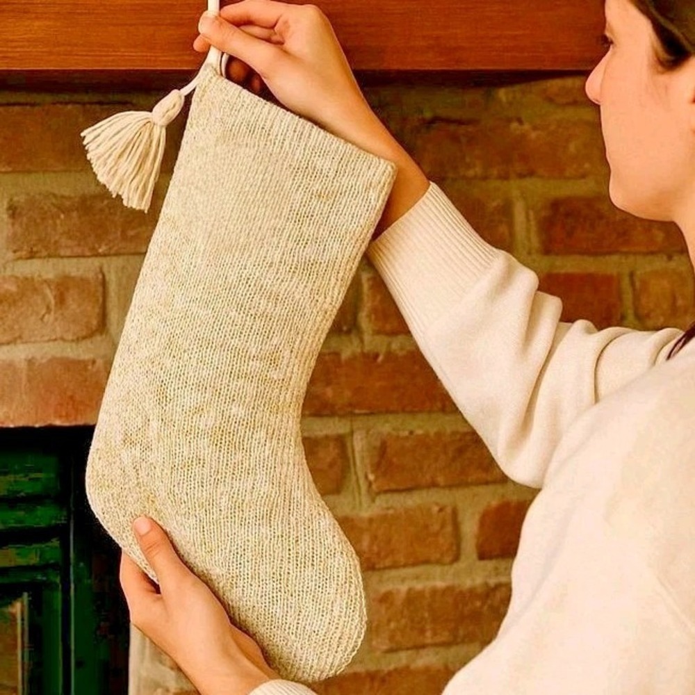NEW Wondershop 20" Knit Christmas Stocking and Tassel Ivory with Gold Tinsel